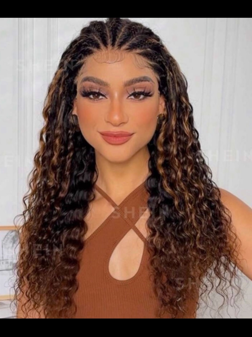 Brown Curly Lace Front Wig with Honey Highlights - Women Hair